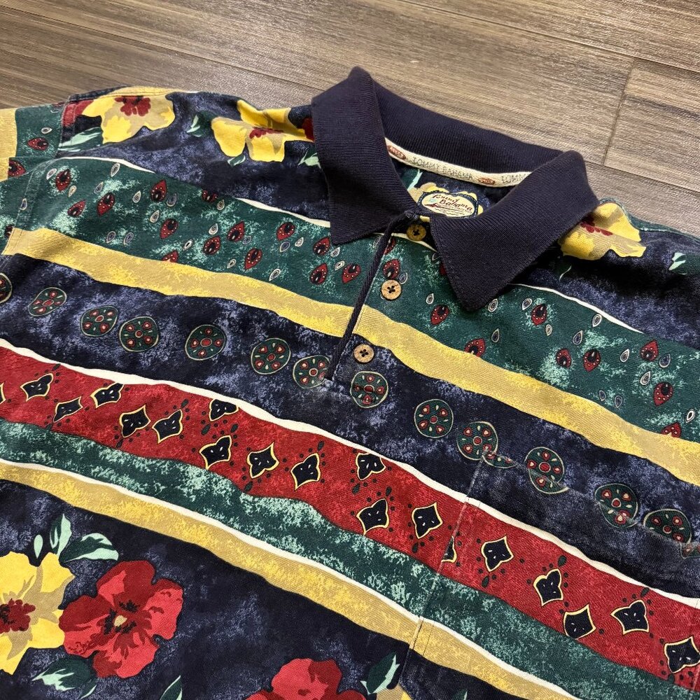 Tommy Bahama Relax Polo Mens XXL Floral Tiki Hawaiian 3 Button Short Sleeve Vtg